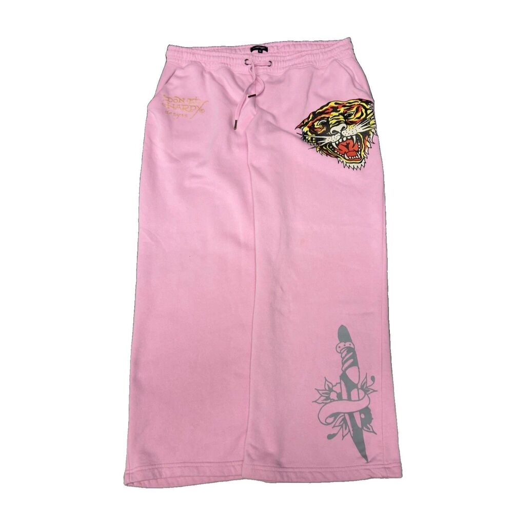 Ed Hardy Sweatpants XL Pink Fleece Tiger Dagger Graphic Tattoo Wide Leg Y2K